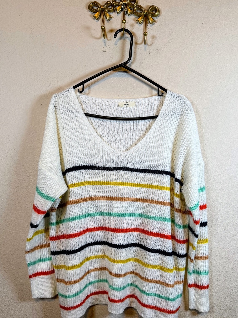 entro Ivory V-Neck Loose Knit Sweater with Multicolor Stripes. Size S